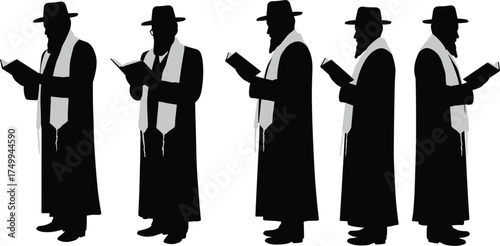 Silhouettes of religious men reading books, wearing traditional coats, wide-brimmed hats, white scarves, standing in row, Jewish ceremony, spiritual study, culture