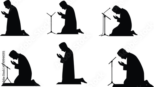 Silhouette of praying man in robe, kneeling with raised hands, religious worship, microphone stand, spiritual devotion, Islamic prayer, black and white illustration