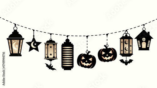 Illustration of halloween garland with lanterns, pumpkins and bats isolated on white background