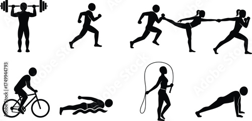 Fitness and workout silhouette vector set showing people exercising, running, cycling, swimming, boxing, skipping, weightlifting, and stretching for health and gym training