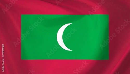Free Download Maldives national flag with red field, central green rectangle, and white crescent moon facing fly side—symbolizing heroism, peace, and Islamic faith. - GFXLoad