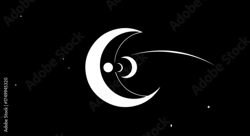 Abstract White Crescent Moons and Celestial Bodies on Dark Background.