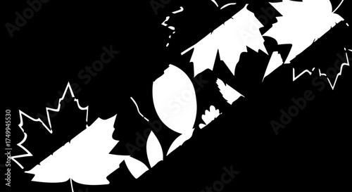 Abstract White Maple Leaf Silhouettes Against a Dark Black Background.