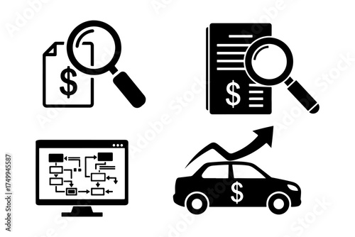 Financial Analysis Icon Set – Money Documents, Magnifying Glass, Data Chart, and Car Value Growth Symbols