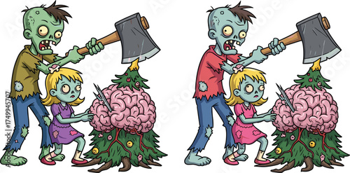 Zombie man with axe, girl touching brain, Christmas tree horror, cartoon puzzle scene, spot the difference, spooky festive illustration