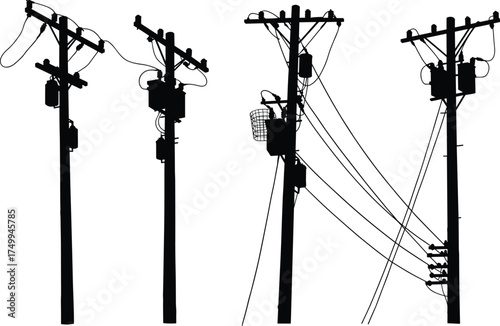 Silhouette of utility poles with transformers, insulators, crossarms, power lines, electricity distribution, urban infrastructure, industrial landscape, high voltage grid