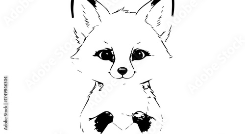 Adorable Black and White Fox Illustration with Large Eyes and Upright Ears.