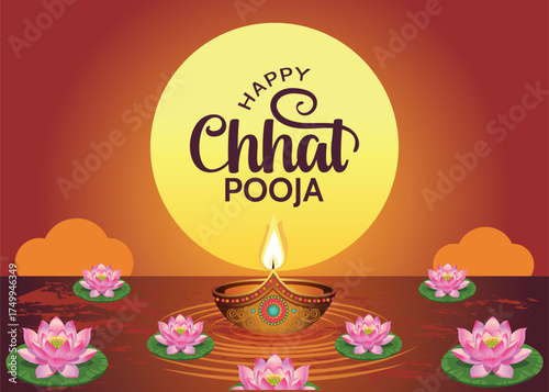 Happy Chhath Puja holiday background with lotus, diya, and elegant typography for greeting cards, banners, and posters celebrating the Sun God festival in Bihar and Uttar Pradesh, India.