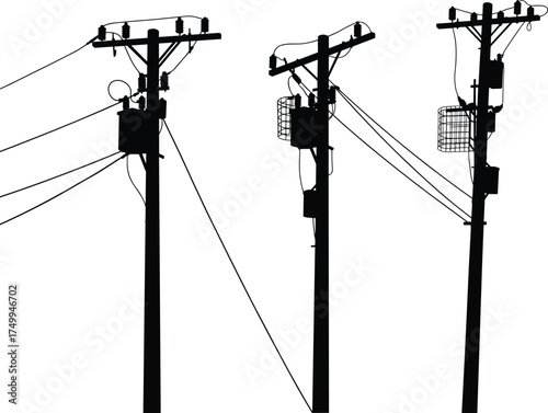 Silhouette of utility poles with transformers, insulators, crossarms, power lines, electricity distribution, urban infrastructure, industrial landscape, high voltage grid