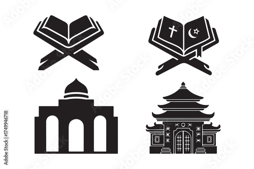 Religion and Worship Icons Set – Religious Books and Temple Silhouettes