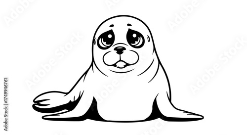 Adorable Cartoon Seal Pup with Large Eyes and Outstretched Flippers, Black Outline.