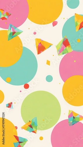 Playful Colorful Pattern with Overlapping Pastel Circles and Geometric Triangles for Fun Modern Design Projects