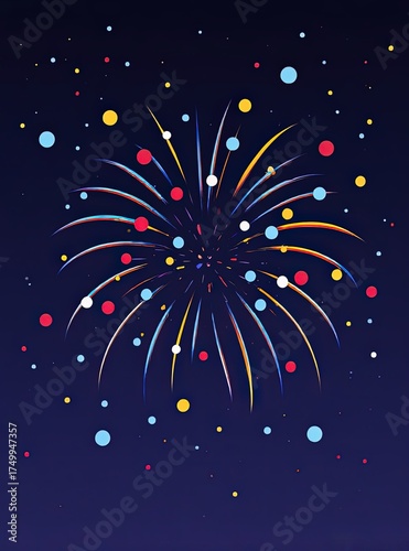 Vibrant Fireworks Exploding in Dark Night Sky with Colorful Dots for Celebration and Holiday Design Projects