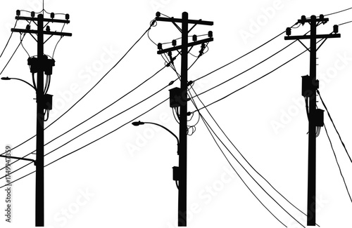 Silhouette of utility poles with transformers, insulators, crossarms, power lines, electricity 