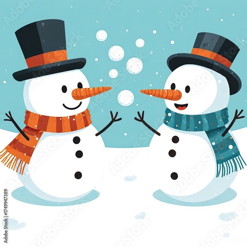 Cheerful Cartoon Snowmen Wearing Top Hats and Scarves Greeting Each Other in Winter Snow Scene