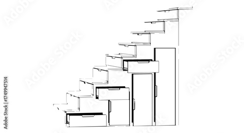 Architectural Sketch of a Modern Staircase with Open Risers and Geometric Design.
