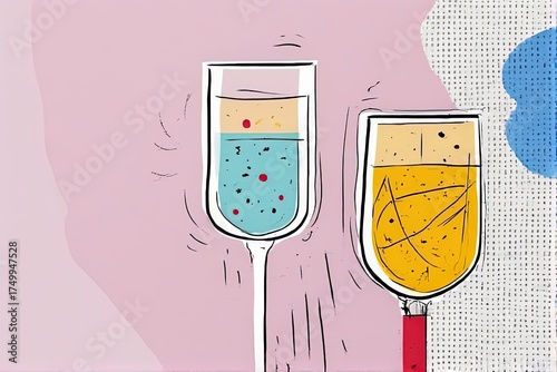 Stylish illustration of two wine glasses — one with blue bubbly drink, the other with golden wine — set against a playful pink and textured background for festive or modern designs.