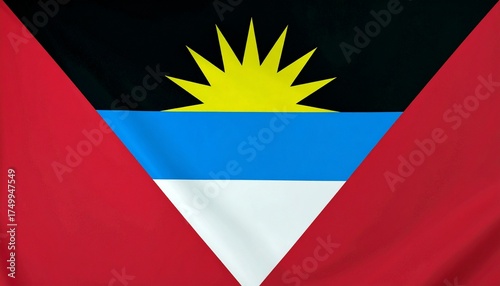 Antigua and Barbuda national flag with black, blue, and white tricolor, red side triangles, and rising yellow sun—symbolizing Caribbean identity, energy, and a new era.