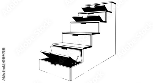 Architectural Staircase with Open Drawers, Black and White Line Art Illustration.