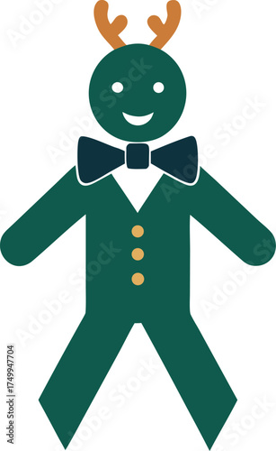 Gingerbread Man in Green Suit and Bow Tie with Antlers Festive Winter Character Illustration Isolated on Transparent Background