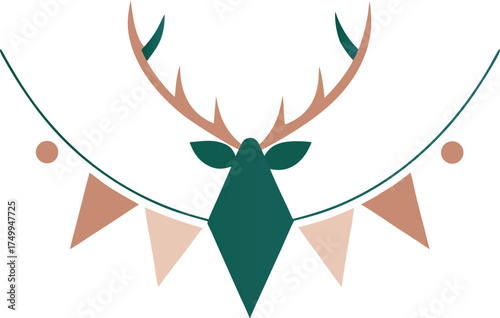 Deer Head Silhouette with Antlers and Bunting Garland Festive Winter Decoration Illustration Isolated on Transparent Background