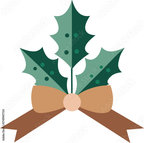 Holly Leaves and Berries with Beige Bow Festive Winter Greenery Illustration Isolated on Transparent Background