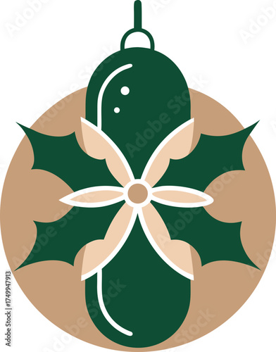 Abstract Holly Leaves Berry Ornament Circle Ribbon Winter Season Celebration Design