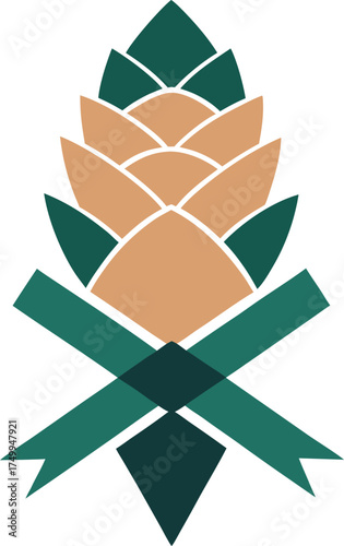 Abstract Pinecone Ribbon Bow Winter Nature Element Geometric Faceted Green Orange Design