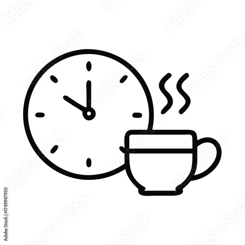 Vector art of time for a break a steaming cup of coffee next to a clock, perfect for relaxation and productivity themes transparent background