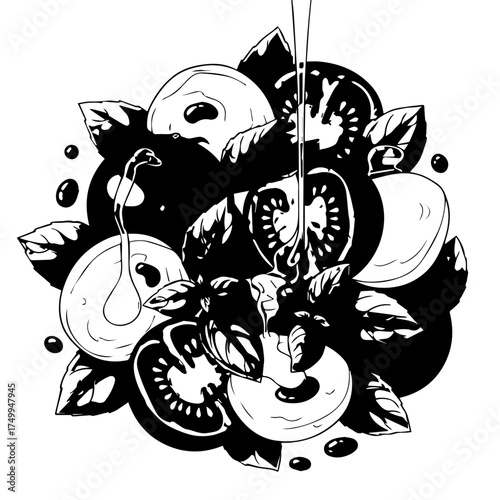 Artistic Black and White Illustration of Caprese Salad with Oil Drizzle.