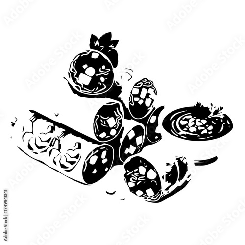 Artistic Black and White Illustration of Sliced Sausage and Garnishes.