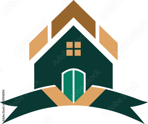 Charming House Illustration with Green Walls Brown Roof and Decorative Ribbons Home Property Graphic