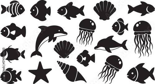 Sea Life Silhouette Vector Set – Marine Animals, Fish, and Ocean Creatures Clipart Collection.