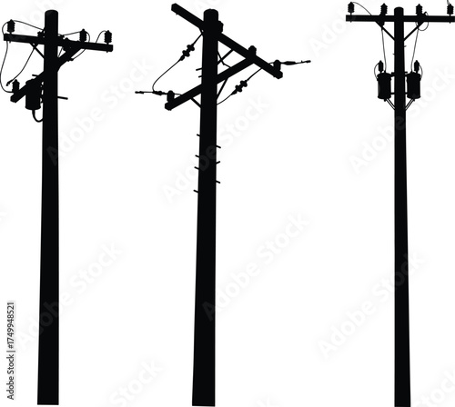 Silhouette of utility poles with transformers, insulators, crossarms, varied wiring configurations, electricity distribution, urban infrastructure, industrial landscape, high voltage grid