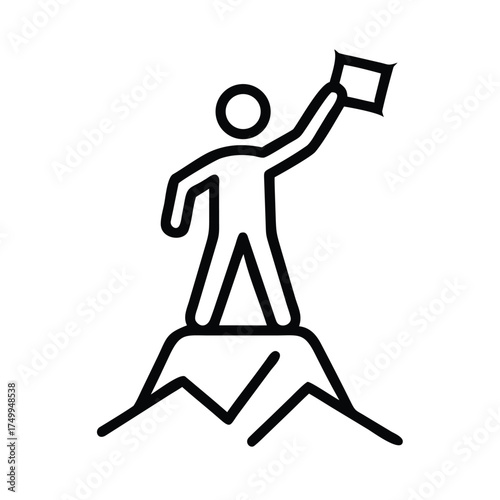 Vector art of a man on top of a mountain with a flag, symbolizing success and achievement, a simple line drawing transparent background