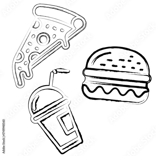 Hand drawn doodle vector icons set burger, pizza, cold drink