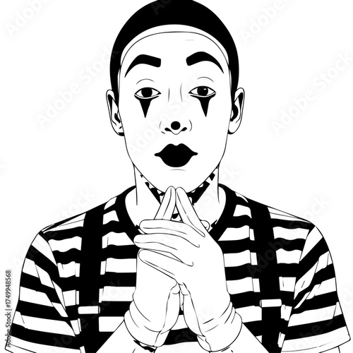 Artistic Illustration of a Mime with Classic Makeup and Striped Shirt.