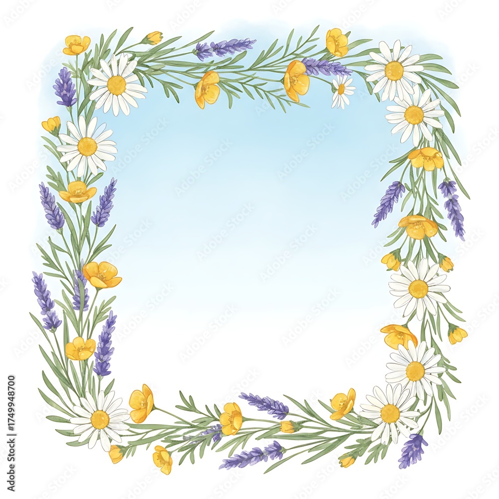 Fototapeta premium Watercolor Wildflower Meadow Floral Border Frame