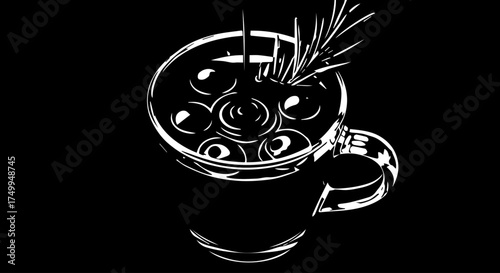 Artistic White Line Drawing of a Coffee Cup with Olives and Rosemary.