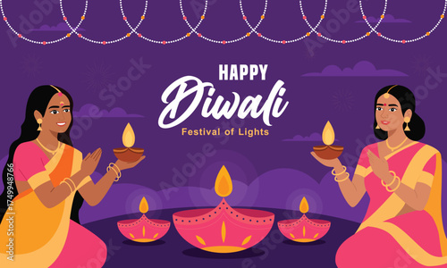 Diwali celebration poster Indian girl lightening Diya on Diwali day Diwali invitation Card