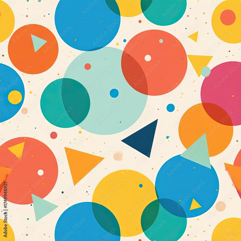 Fototapeta premium Playful, overlapping geometric shapes — circles and triangles in bold blue, orange, pink, and teal — create a vibrant, retro-inspired pattern perfect for creative or festive designs.