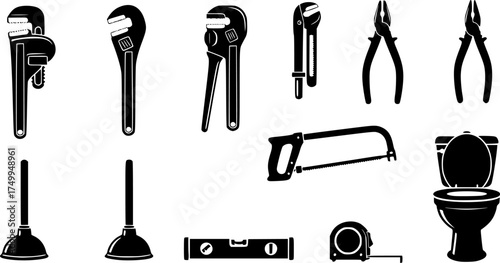 Plumbing tools silhouette, Plumbers equipment silhouettes set