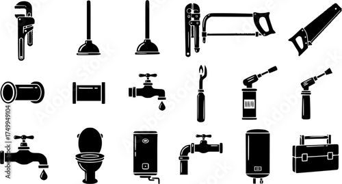 Plumbing tools silhouette, Plumbers equipment silhouettes set