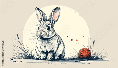 Rabbit with ball of yarn on grassy field