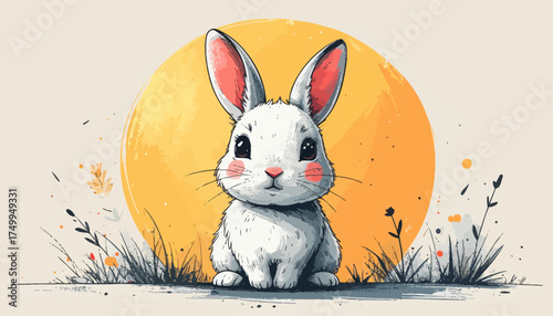 Sitting bunny rabbit with sunset background