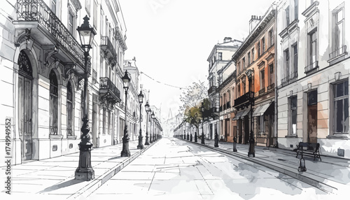 European street scene with old-fashioned lamps and buildings