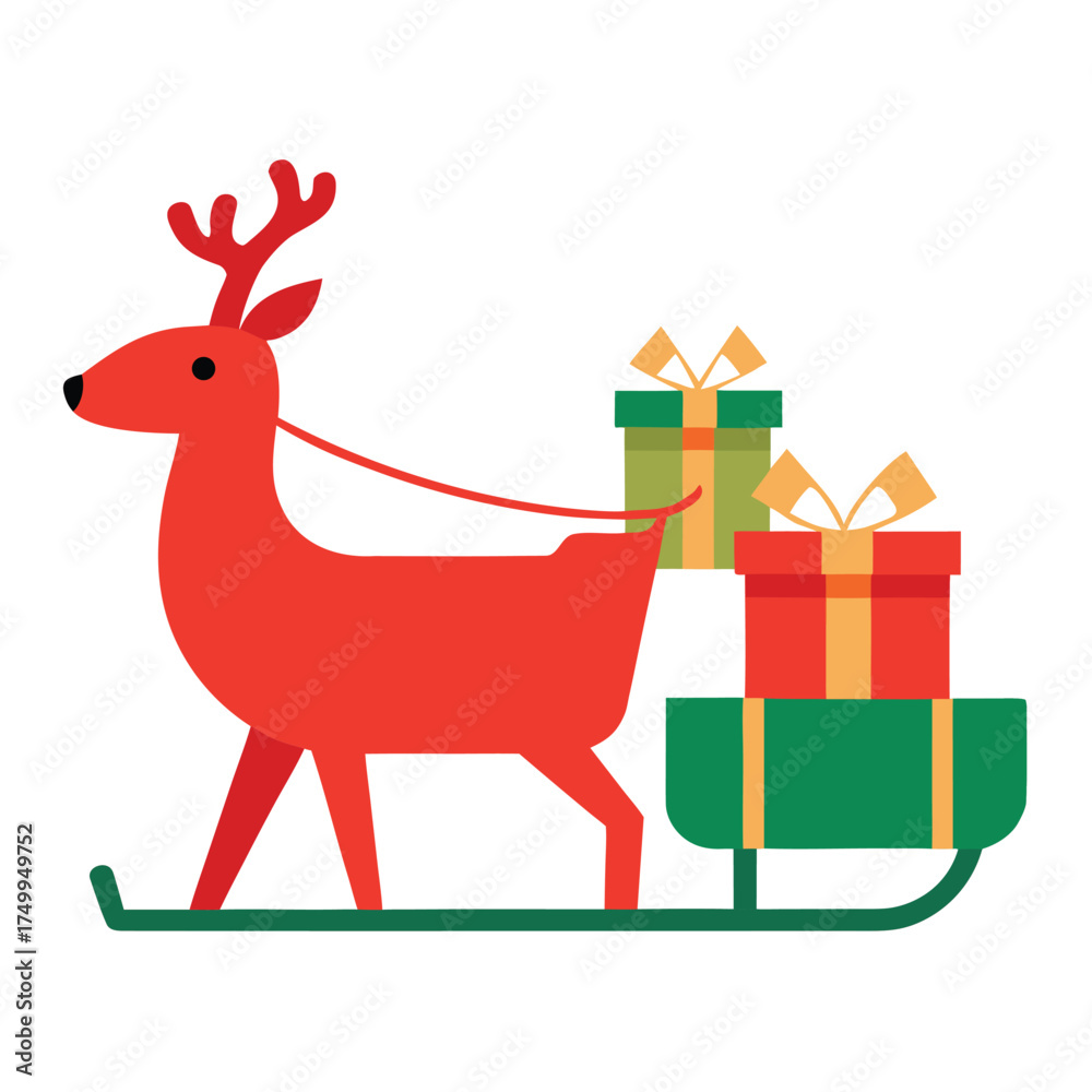 Fototapeta premium Red reindeer pulling sleigh with gifts sled presents