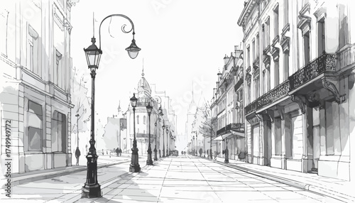 European street scene with old-fashioned street lamps