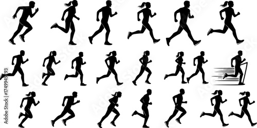 Running people silhouettes collection, Running man and woman silhouettes set