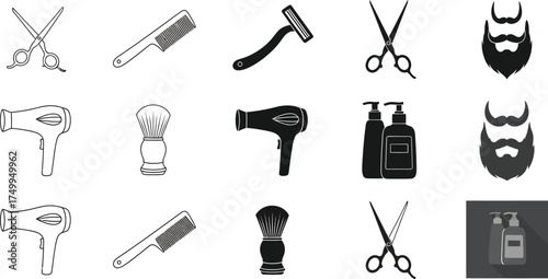 Barber shop tools and equipment vector icons for professional use